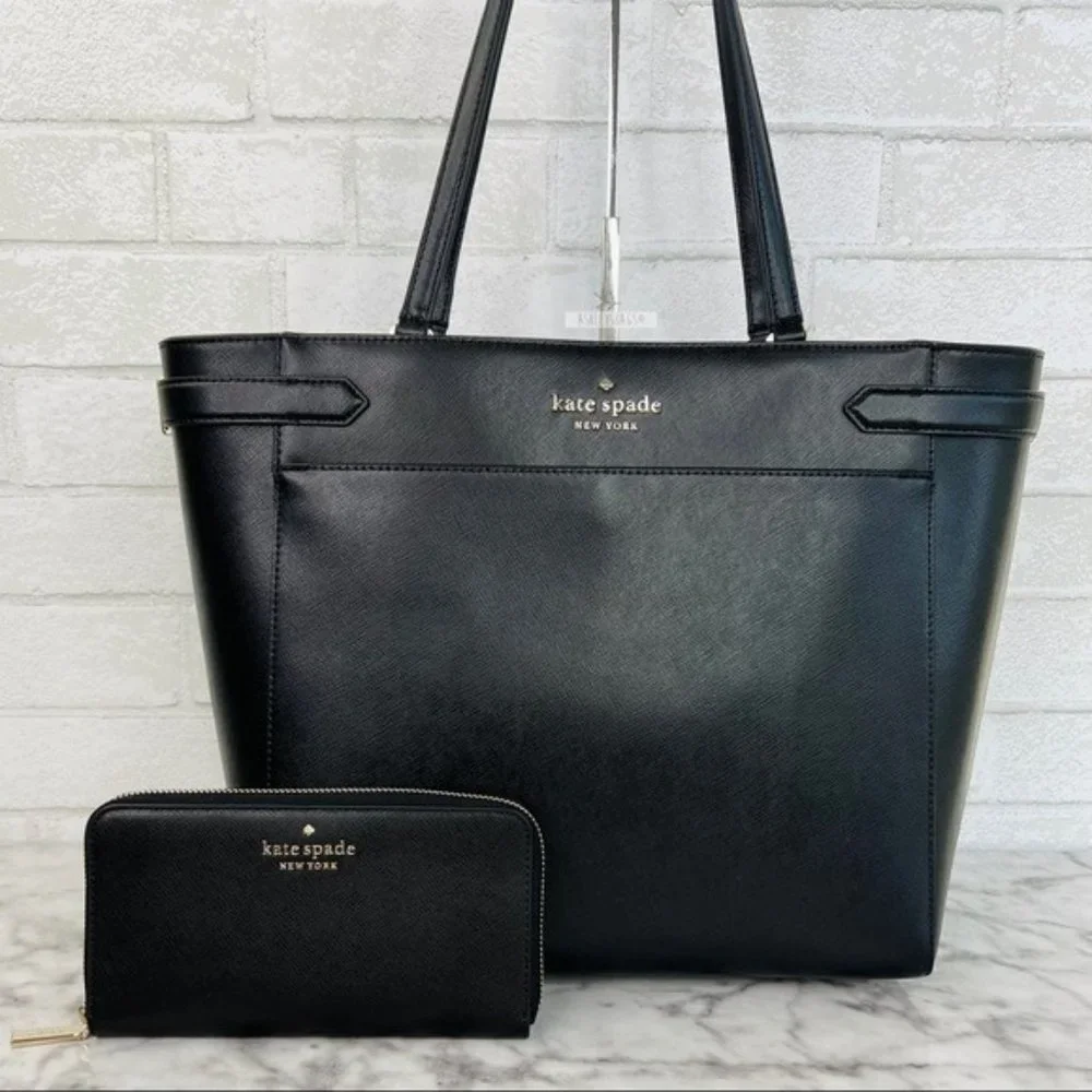 Kate Spade Black Large Laptop Tote Shoulder Bag & Large Continental Wallet Set